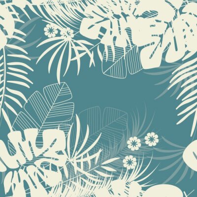 Tapete Sommer nahtlose tropischen Muster mit monstera Palmblätter und Pflanzen auf blauem Hintergrund