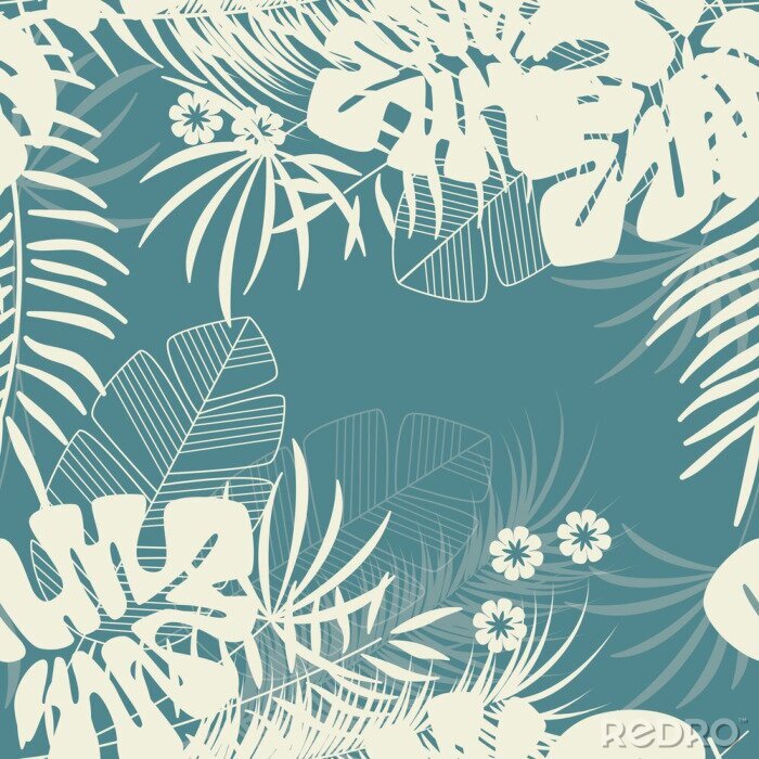 Tapete Sommer nahtlose tropischen Muster mit monstera Palmblätter und Pflanzen auf blauem Hintergrund