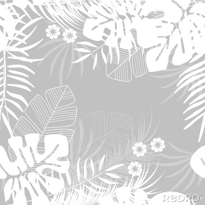 Tapete Sommer nahtlose tropischen Muster mit monstera Palmblätter und Pflanzen auf grauem Hintergrund