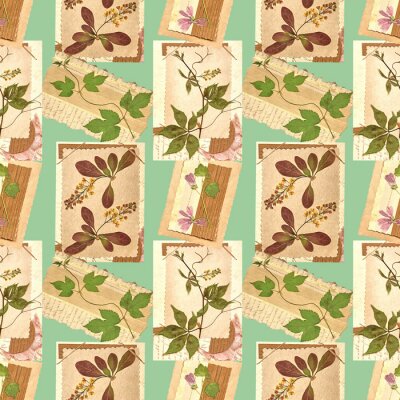 Tapete Sommermalve und Blätter auf alten Postkarten