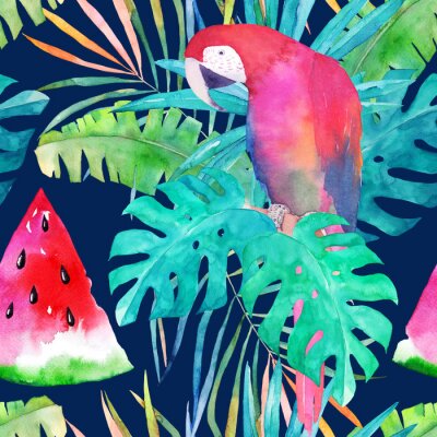 Sommermuster mit Aquarell Papagei, Palmblätter und Wassermelone. Bunte Illustration