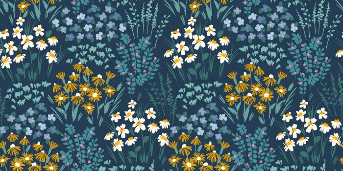 Tapete Sommerwiese auf dunkelblauem Hintergrund