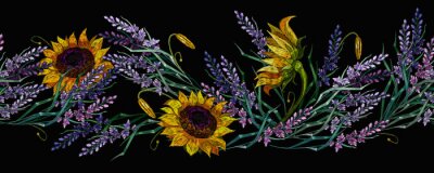 Sonnenblumen und Lavendel auf schwarzem Hintergrund