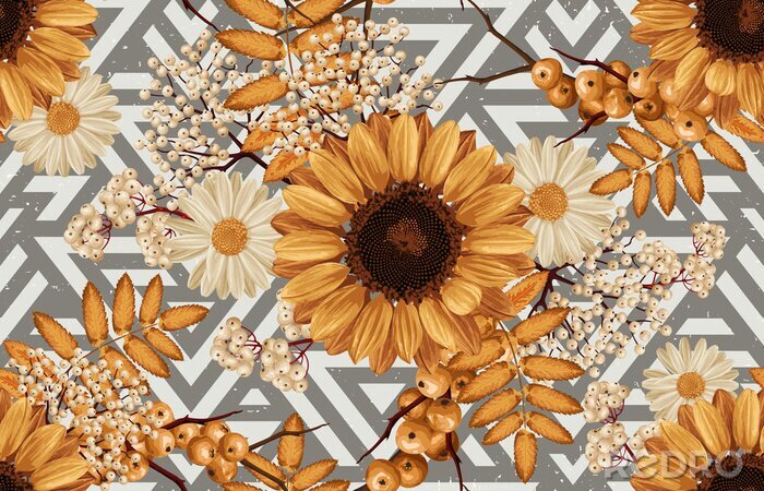 Tapete Sonnenblumen und Vogelbeere vor dem Hintergrund der Streifen