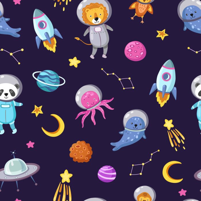 Tapete Space animals pattern. Cute baby animal astronauts flying kid pets cosmonauts funny spaceman boy seamless cosmos vector wallpaper. Illustration of astronaut spaceship, octopus and panda in space suit