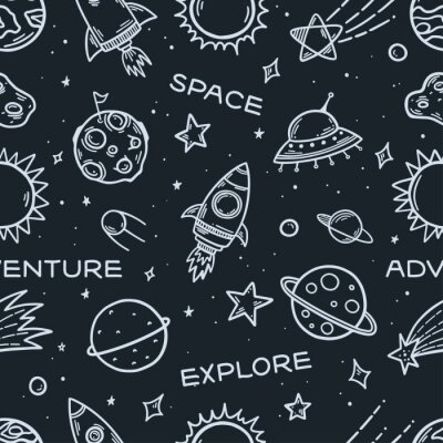 Tapete Space elements hand drawn seamless pattern. Vector illustration.