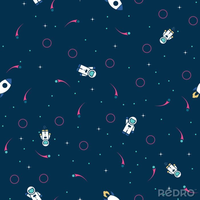 Tapete Space exploration seamless pattern vector background. Cute hipster retro style design template with Astronaut, Rocket and Stars