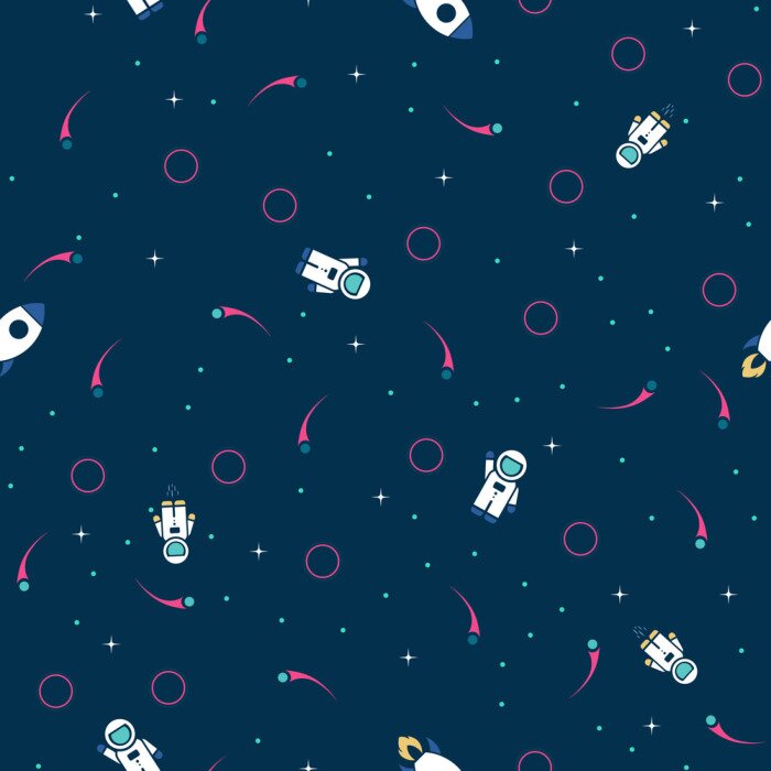 Tapete Space exploration seamless pattern vector background. Cute hipster retro style design template with Astronaut, Rocket and Stars