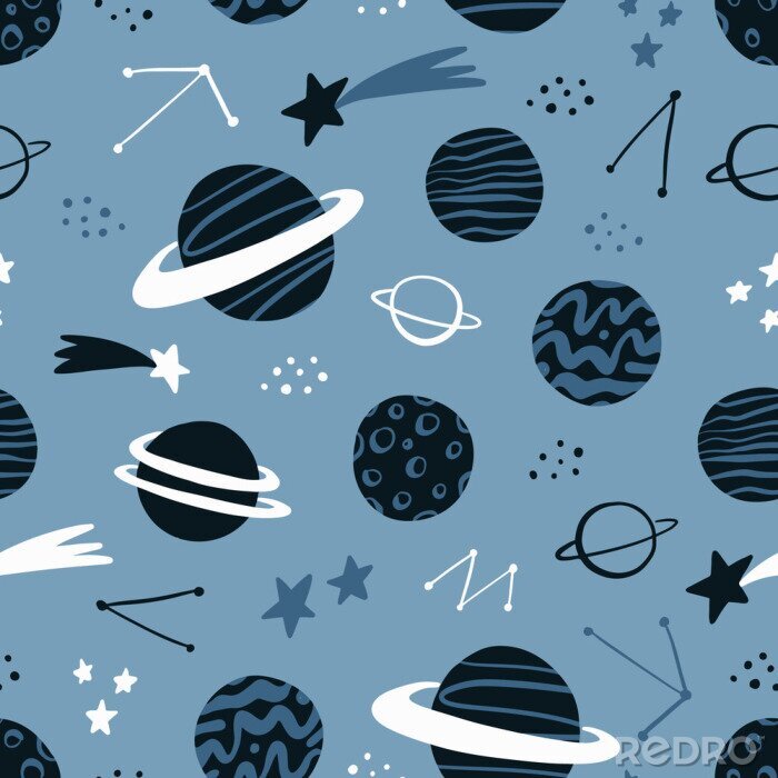 Tapete Space hand drawn seamless pattern with planets, stars, comets,  constellations. Scandinavian design style. Space background for textile, fabric etc. Vector illustration