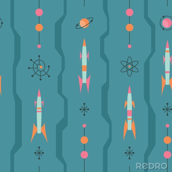 Tapete Space retro futurism - mid-century modern art vector background. Abstract geometric seamless pattern. Decorative ornament in vintage design style. Atomic stylized backdrop. 