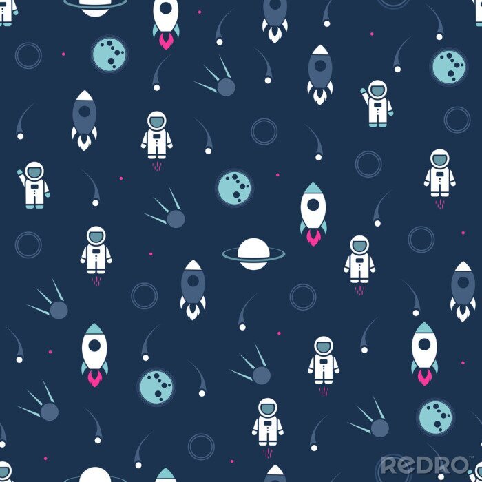 Tapete Space seamless pattern vector background. Cute design template with Astronaut, Rocket, Moon and Stars