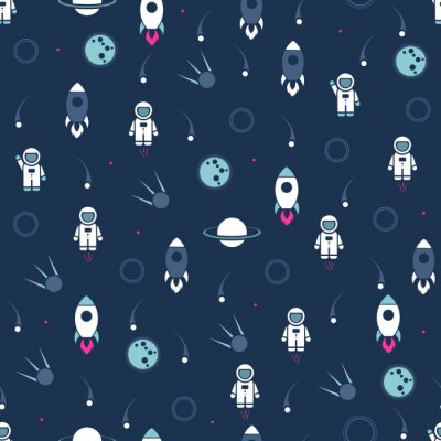 Tapete Space seamless pattern vector background. Cute design template with Astronaut, Rocket, Moon and Stars
