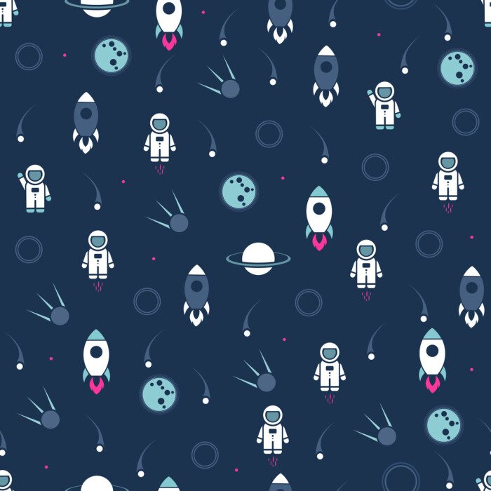 Tapete Space seamless pattern vector background. Cute design template with Astronaut, Rocket, Moon and Stars