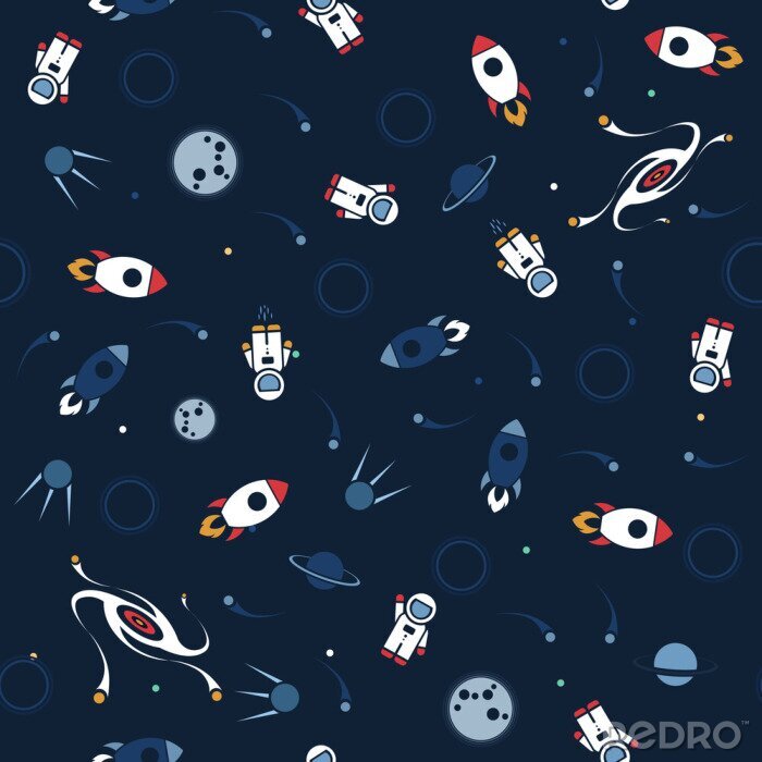 Tapete Space seamless pattern vector background. Cute design template with Astronaut, Spaceship, Rocket, Moon, Black Hole and Stars