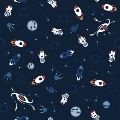 Tapete Space seamless pattern vector background. Cute design template with Astronaut, Spaceship, Rocket, Moon, Black Hole and Stars