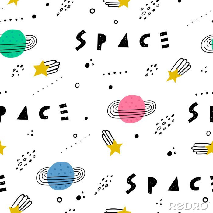 Tapete Space seamless pattern. Vector illustration for children. Trendy kids vector background.