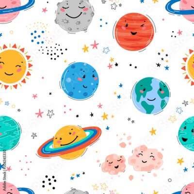 Tapete Space Seamless Pattern with Planets Solar System, Sun, Meteorite and Stars. Doodle Cartoon Cute Planet Smiling Face. Space Vector Background for Kids t-shirt Print, Nursery Design, Birthday Party