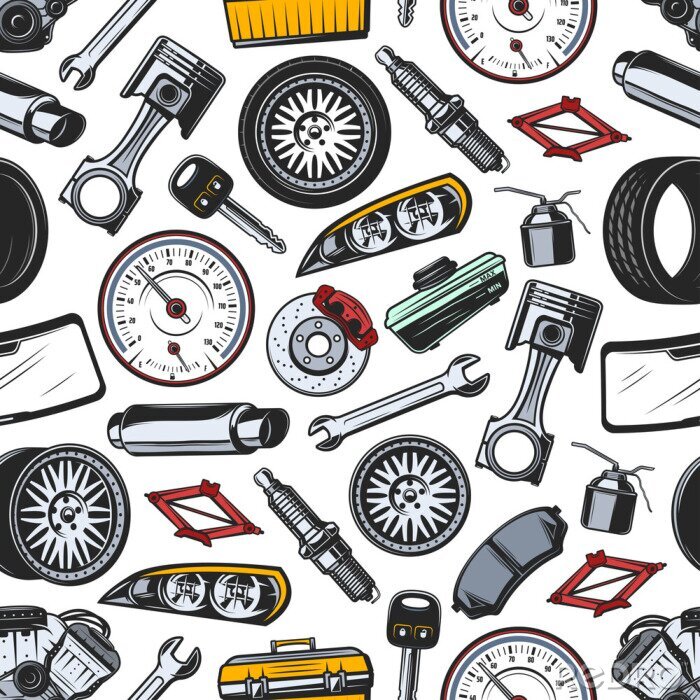 Tapete Spare parts of car and auto seamless pattern