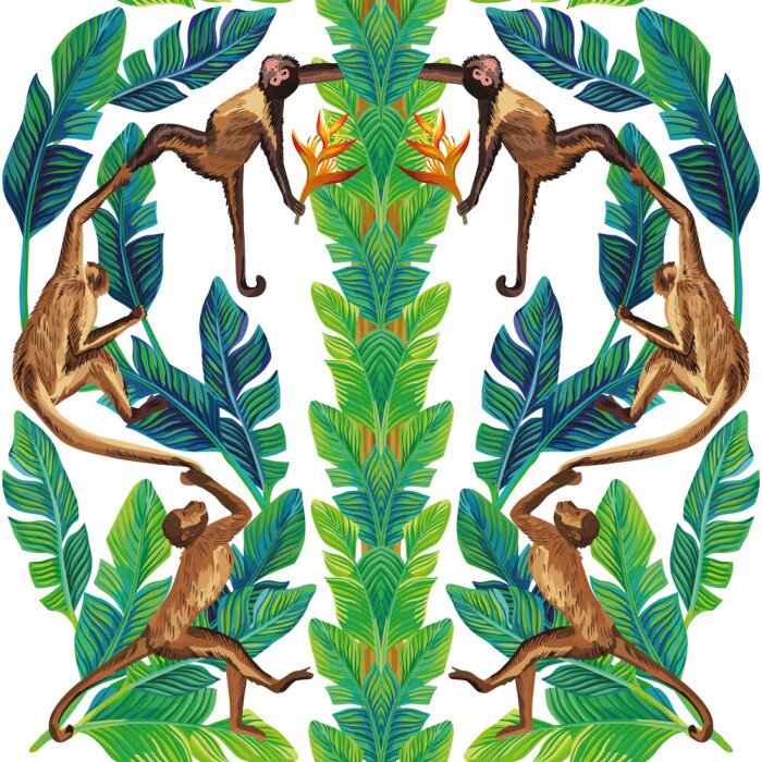 Tapete Spiegelaffe-Palmblattzusammensetzung nahtloser weißer Hintergrund