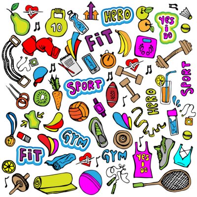 Tapete Sport Hand zeichnen Symbol und Elemente. Fitness und Sport farbige Icon-Sammlung, Cartoon Doodle Sport Symbole.
