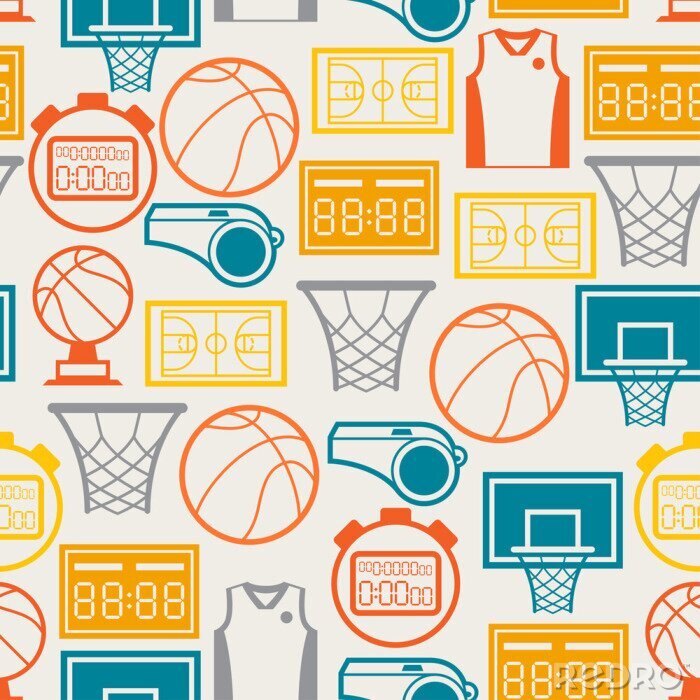 Tapete Sports seamless pattern with basketball icons in flat style.