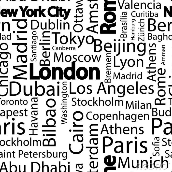 Tapete Städte der Welt nahtlose Muster. Die Namen der Städte der Welt. Kunst nahtlose Vektor-Muster Hintergrund mit Namen der Städte. Nahtlose Muster mit Namen der Städte.