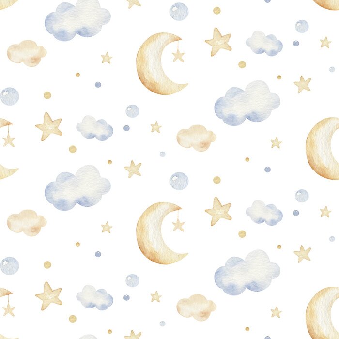 Tapete Sterne, Wolken und Monde in Pastellfarben