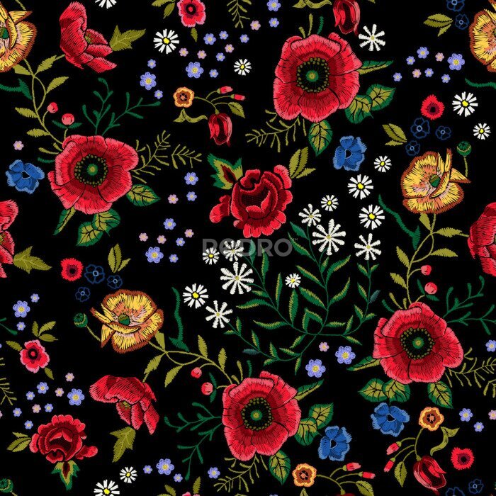 Tapete Stickerei traditionelle nahtlose Muster mit roten Mohnblumen und Rosen.