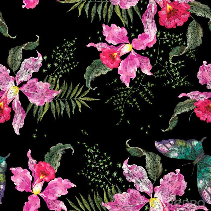 Tapete Stickerei Trend floral nahtlose Muster mit Orchideen und Schmetterling.
