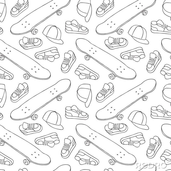 Tapete Street Skateboarding Nahtlose Muster in Schwarz und Weiß. Repetitive Texture mit handgezeichneten Skateboards, Sneakers und Caps. Vektor Lebensstil Hintergrund