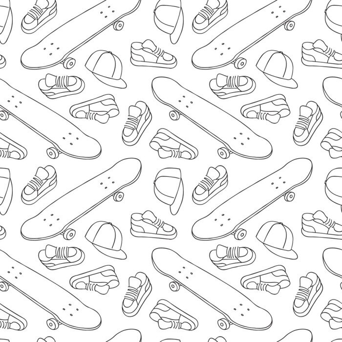 Tapete Street Skateboarding Nahtlose Muster in Schwarz und Weiß. Repetitive Texture mit handgezeichneten Skateboards, Sneakers und Caps. Vektor Lebensstil Hintergrund