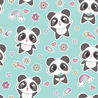 Tapete Süße Pandas und Blumen