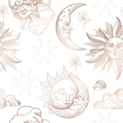 Tapete Sun and Moon Vintage Seamless Pattern. Oriental Style Background with Stars and Celestial Astrological Symbols for Fabric, Wallpaper, Decoration. Vector illustration