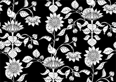 Sunflower. Seamless pattern, background. Black and white graphics Vector illustration. In art nouveau style, vintage, old retro style