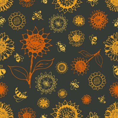Tapete Sunflowers and bees seamless pattern contour vector illustration hand drawing