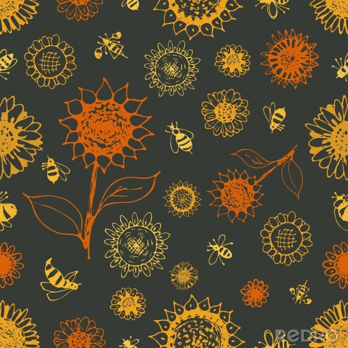 Tapete Sunflowers and bees seamless pattern contour vector illustration hand drawing