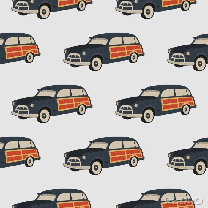 Tapete Surf car pattern. Surfing seamless wallpaper. Summer background with old automobile isolated on white background