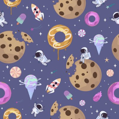 Tapete Sweet space seamless pattern with fantasy chocolate cookie, candy, donut, caramel sweets planets and astronaut. Editable vector illustration