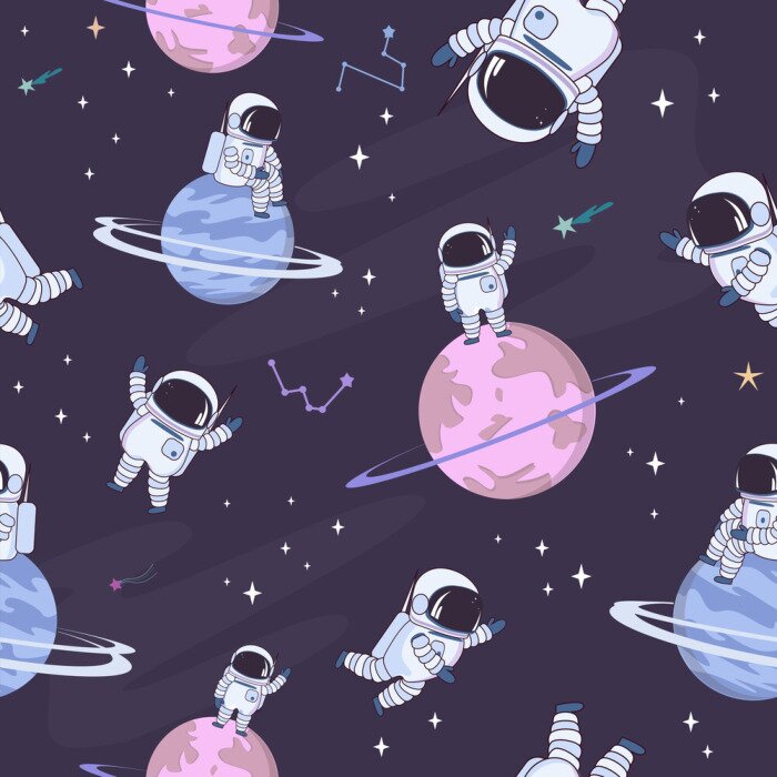Tapete Sweet space seamless pattern with fantasy chocolate cookie, candy, donut, caramel sweets planets and astronaut. Editable vector illustration