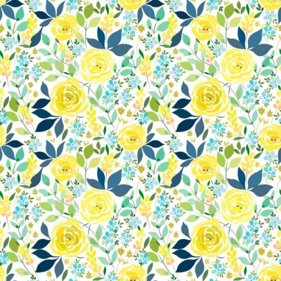 Tapete Teerosen begleitet von Vergissmeinnichten