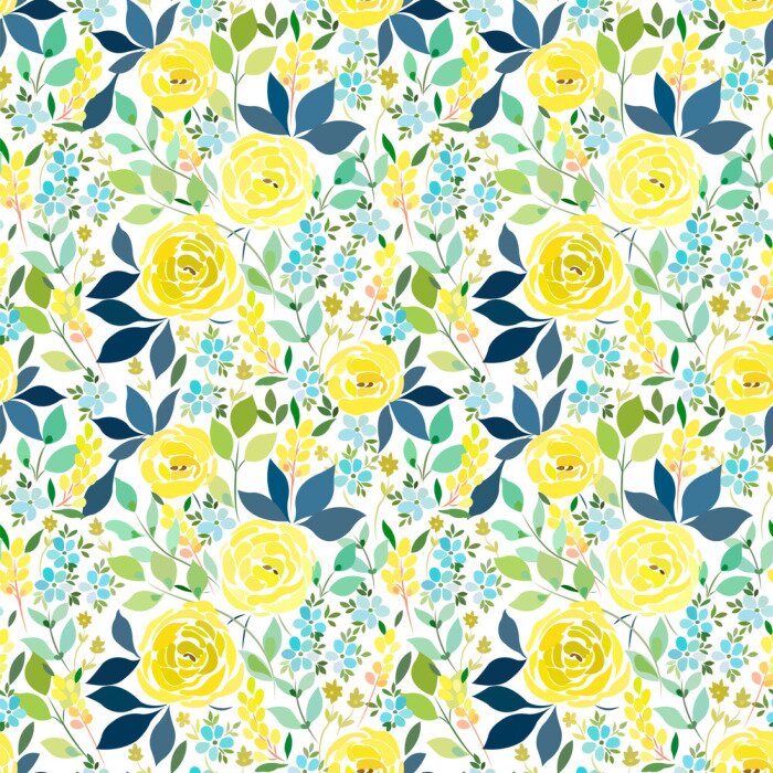 Tapete Teerosen begleitet von Vergissmeinnichten