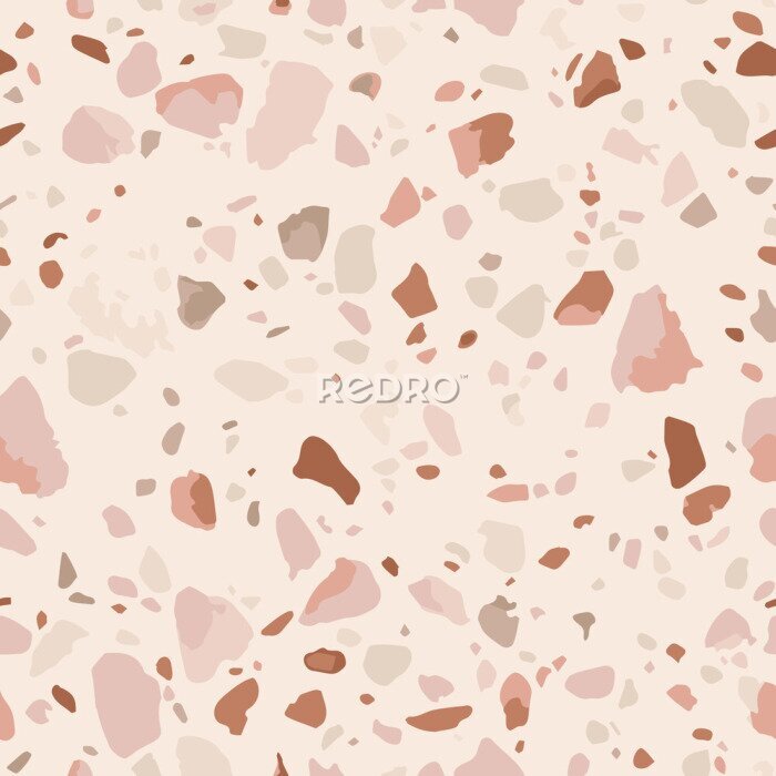 Tapete Terrazzo flooring seamless texture. Realistic vector pattern of mosaic floor with natural stones, granite, marble, quartz. Classic Italian floor surface. Design in soft pastel colors, pink, beige