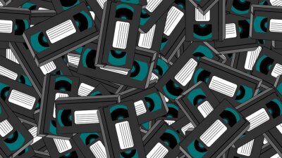 Tapete Textur, nahtloses Muster der alten Retro-Weine grau antike analoge Hipster-Film-Videokassetten für einen Videorecorder mit einem Magnetfilm zum Ansehen von Filmen