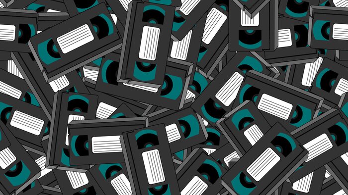 Tapete Textur, nahtloses Muster der alten Retro-Weine grau antike analoge Hipster-Film-Videokassetten für einen Videorecorder mit einem Magnetfilm zum Ansehen von Filmen