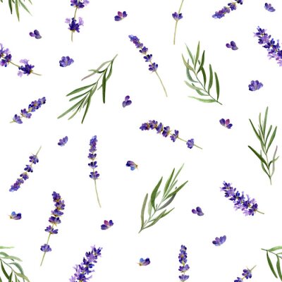 Tapete The seamless pattern in a Provence style with lavender flowers and leafed branches hand drawn in watercolor isolated on a white background. Watercolor floral background. Ideal for wallpaper or fabric.