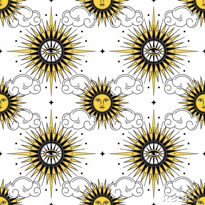 Tapete The sun among the clouds on a white background.Seamless sun pattern for fabric, wallpaper, wrapping paper, cards and web backgrounds.