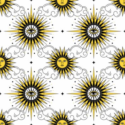 Tapete The sun among the clouds on a white background.Seamless sun pattern for fabric, wallpaper, wrapping paper, cards and web backgrounds.