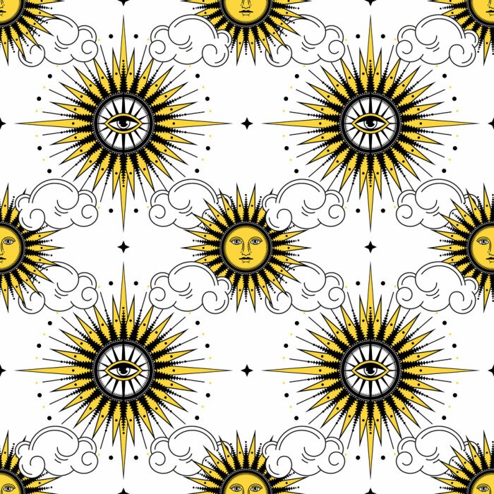 Tapete The sun among the clouds on a white background.Seamless sun pattern for fabric, wallpaper, wrapping paper, cards and web backgrounds.
