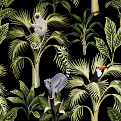 Tapete Tiere auf exotischen Bäumen auf schwarzem Hintergrund