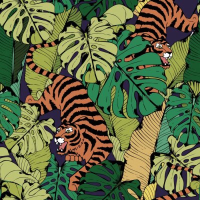 Tiger in tropical leaves. Crouching Tiger. Seamless vector pattern